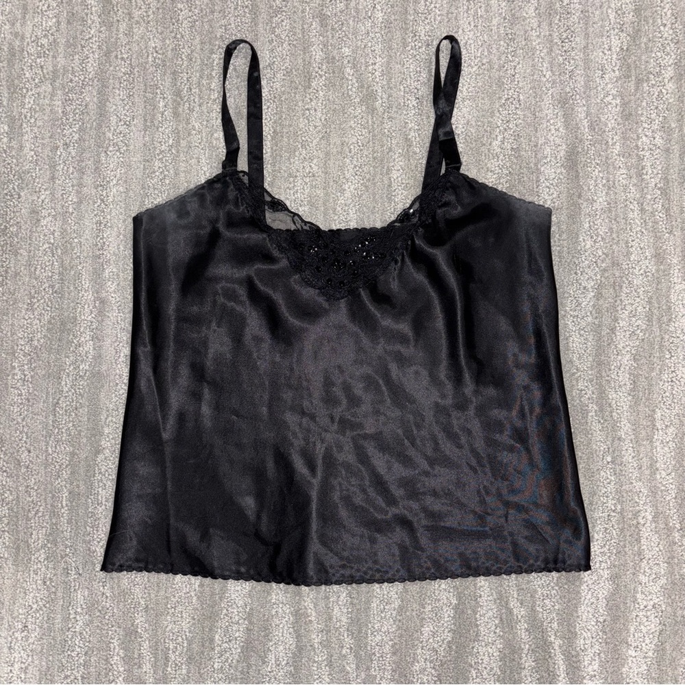 VTG Black Satin Camisole Lace Sequin Made In USA Y2K Fairy Women’s Sz M